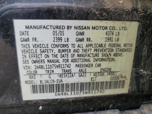 1N4BL11D75N911742 - 2005 NISSAN ALTIMA SE BLACK photo 12