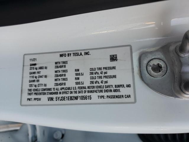 5YJ3E1EB2NF105615 - 2022 TESLA MODEL 3 WHITE photo 13