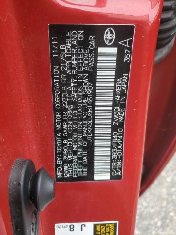 JTDKN3DUXB1461907 - 2011 TOYOTA PRIUS RED photo 12