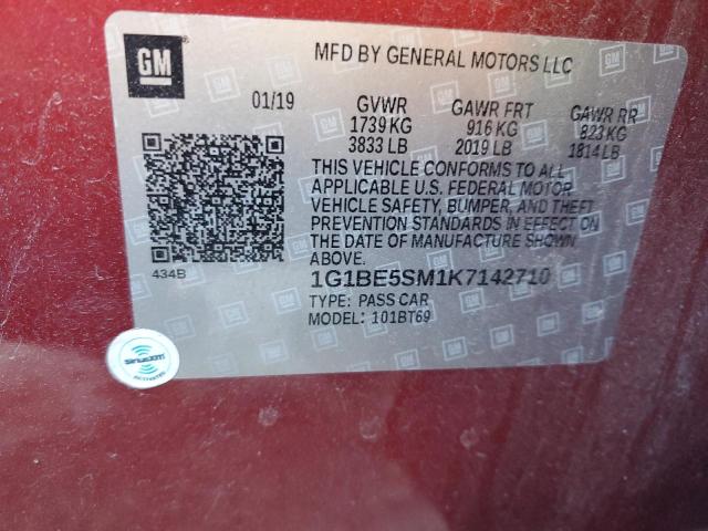 1G1BE5SM1K7142710 - 2019 CHEVROLET CRUZE LT RED photo 12