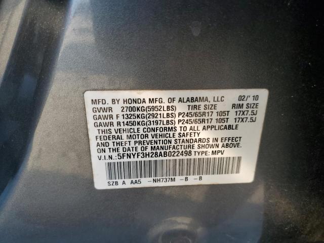 5FNYF3H28AB022498 - 2010 HONDA PILOT LX GRAY photo 12