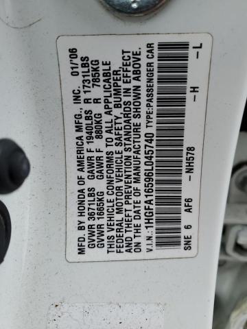 1HGFA16596L045740 - 2006 HONDA CIVIC LX WHITE photo 12