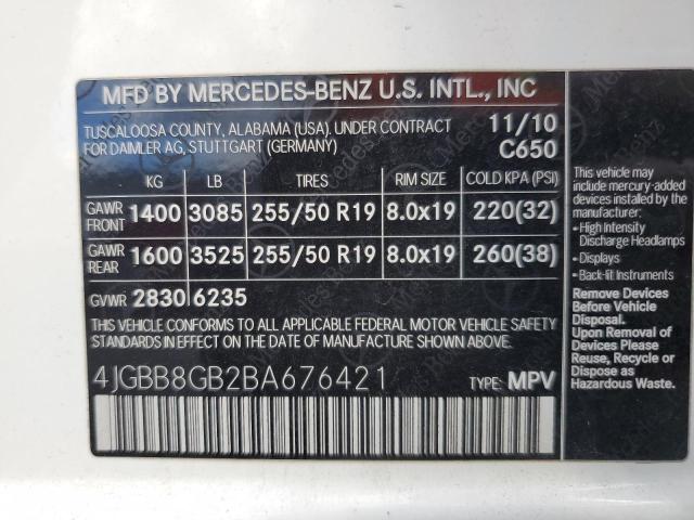 4JGBB8GB2BA676421 - 2011 MERCEDES-BENZ ML 350 4MATIC WHITE photo 13