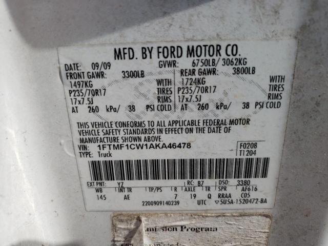 1FTMF1CW1AKA46478 - 2010 FORD F150 WHITE photo 12