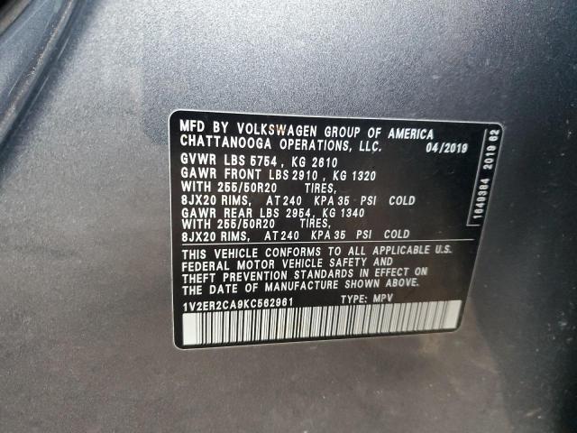 1V2ER2CA9KC562961 - 2019 VOLKSWAGEN ATLAS SEL GRAY photo 14