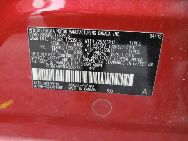 2T3BF4DV3CW208975 - 2012 TOYOTA RAV4 RED photo 12