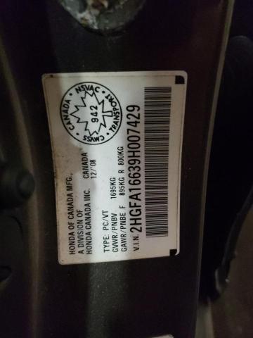 2HGFA16639H007429 - 2009 HONDA CIVIC LX-S Մոխրագույն լուսանկար 12