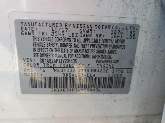 3N1AB7AP7JY204436 - 2018 NISSAN SENTRA S WHITE photo 12