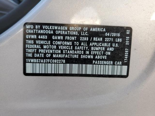 1VWBS7A37FC092278 - 2015 VOLKSWAGEN PASSAT SE SILVER photo 12