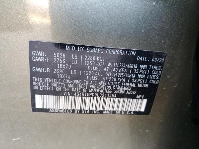 4S4BTGPD0L3211554 - 2020 SUBARU OUTBACK TOURING LDL Կանաչ լուսանկար 13