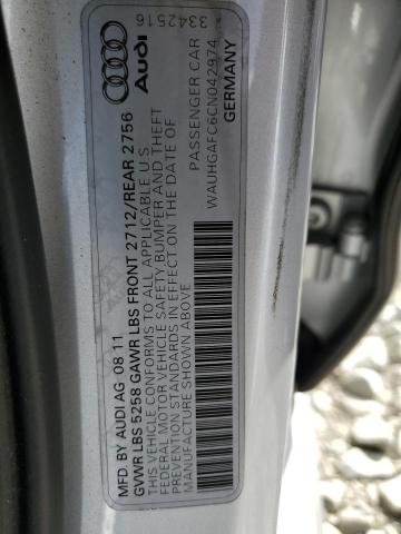 WAUHGAFC6CN042974 - 2012 AUDI A6 PRESTIGE ვერცხლისფერი ფოტო 13