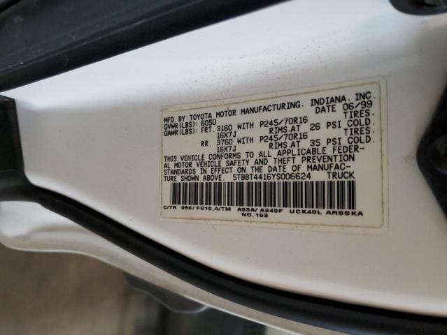 5TBBT4416YS006624 - 2000 TOYOTA TUNDRA ACCESS CAB თეთრი ფოტო 12