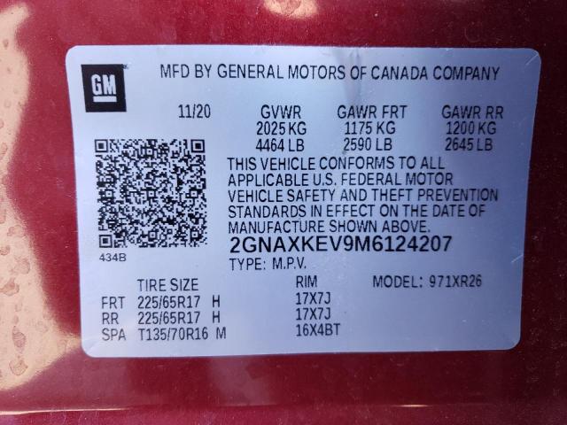 2GNAXKEV9M6124207 - 2021 CHEVROLET EQUINOX LT RED photo 12