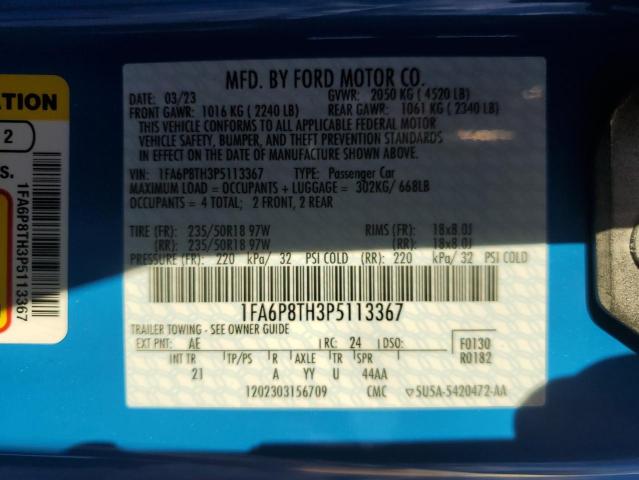 1FA6P8TH3P5113367 - 2023 FORD MUSTANG BLUE photo 13