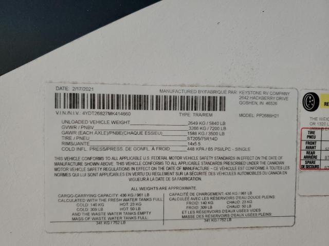 4YDT26827MK414660 - 2021 KEYSTONE PASSPORT WHITE photo 10