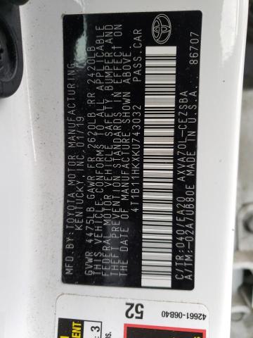 4T1B11HKXKU743032 - 2019 TOYOTA CAMRY L WHITE photo 12