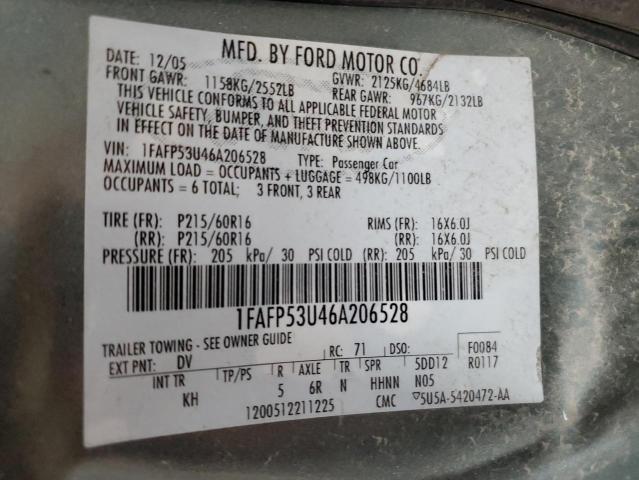 1FAFP53U46A206528 - 2006 FORD TAURUS SE GRAY photo 12