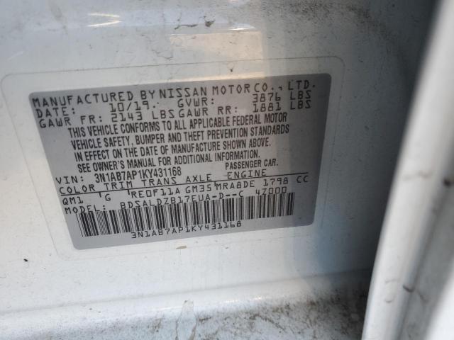 3N1AB7AP1KY431168 - 2019 NISSAN SENTRA S WHITE photo 12