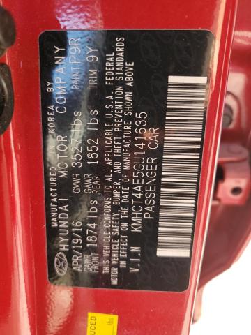 KMHCT4AE5GU141635 - 2016 HYUNDAI ACCENT SE RED photo 13