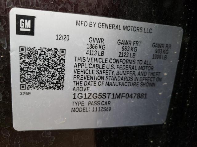 1G1ZG5ST1MF047881 - 2021 CHEVROLET MALIBU RS 勃艮第红 照片 12