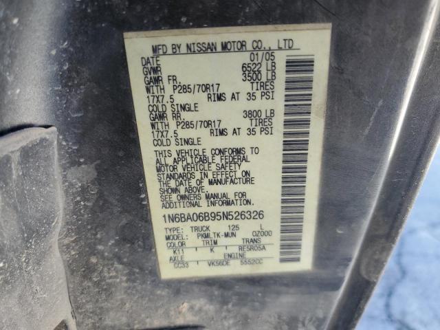 1N6BA06B95N526326 - 2005 NISSAN TITAN XE GRAY photo 12