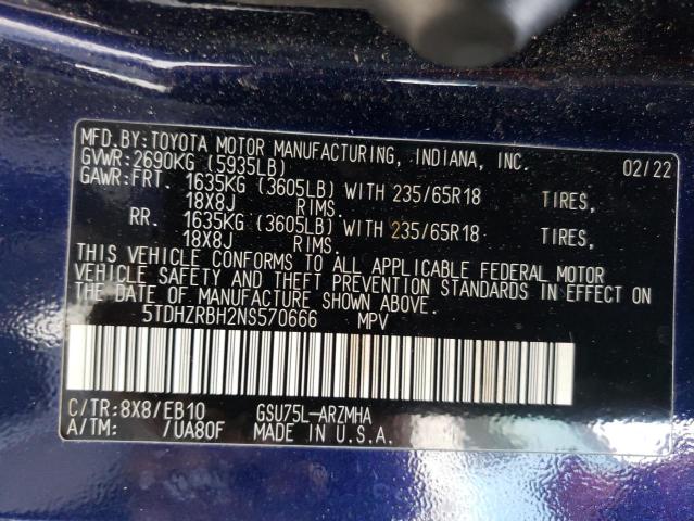 5TDHZRBH2NS570666 - 2022 TOYOTA HIGHLANDER XLE BLUE photo 14