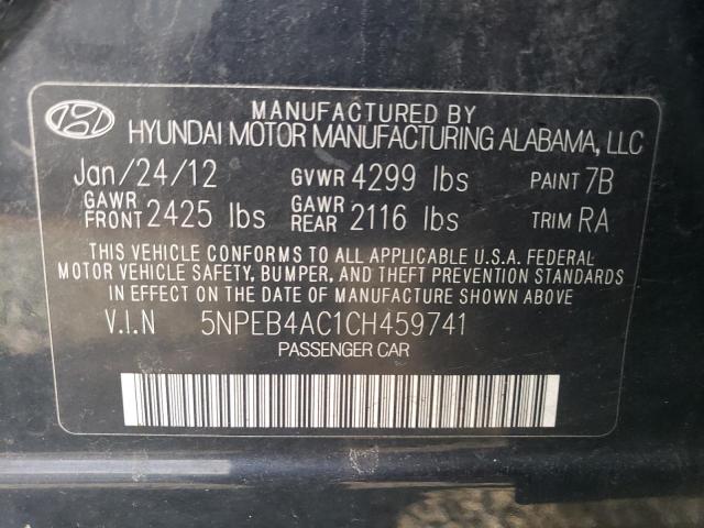 5NPEB4AC1CH459741 - 2012 HYUNDAI SONATA GLS BLACK photo 12