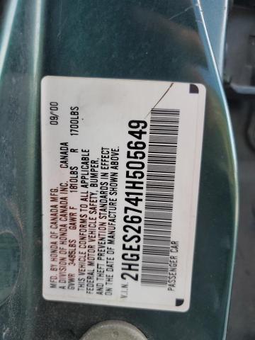 2HGES26741H505649 - 2001 HONDA CIVIC EX GREEN photo 12