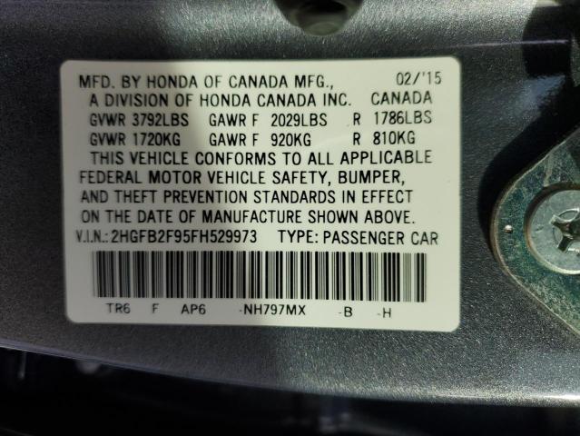 2HGFB2F95FH529973 - 2015 HONDA CIVIC EXL GRAY photo 12