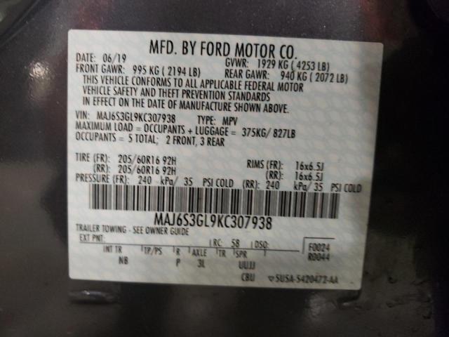 MAJ6S3GL9KC307938 - 2019 FORD ECOSPORT SE CHARCOAL photo 12