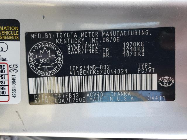 4T1BE46K57U044021 - 2007 TOYOTA CAMRY CE SILVER photo 13