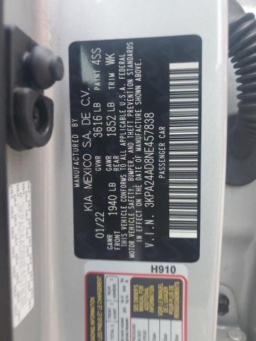 3KPA24AD8NE457838 - 2022 KIA RIO LX SILVER photo 12