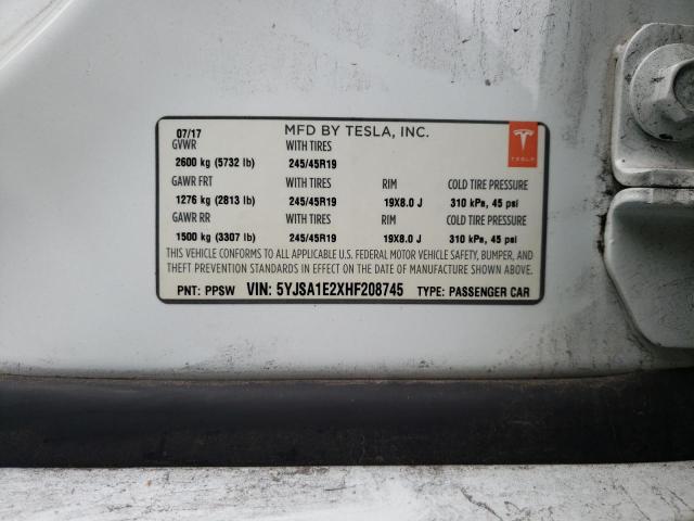 5YJSA1E2XHF208745 - 2017 TESLA MODEL S Սպիտակ լուսանկար 12