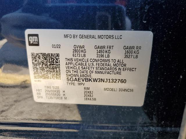 5GAEVBKW3NJ132760 - 2022 BUICK ENCLAVE PREMIUM BLUE photo 12