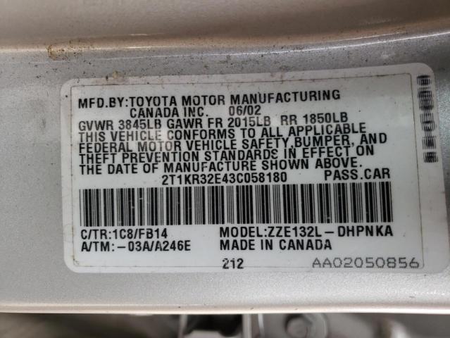 2T1KR32E43C058180 - 2003 TOYOTA COROLLA MA XR SILVER photo 12