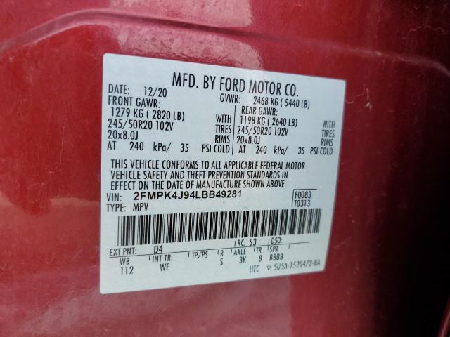 2FMPK4J94LBB49281 - 2020 FORD EDGE SEL RED photo 12