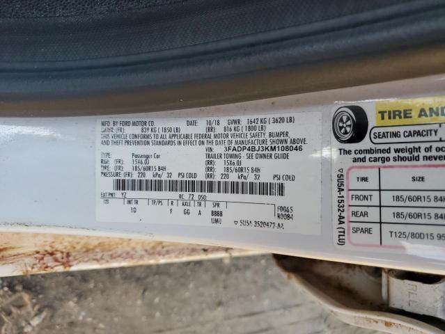 3FADP4BJ3KM108046 - 2019 FORD FIESTA SE WHITE photo 12