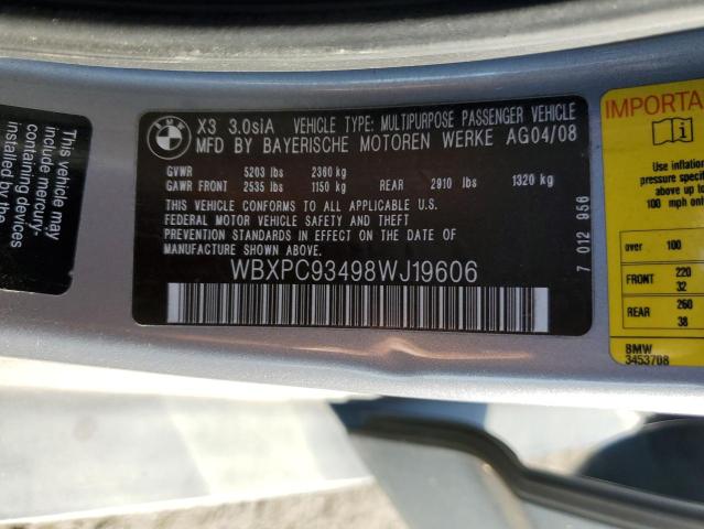 WBXPC93498WJ19606 - 2008 BMW X3 3.0SI SILVER photo 12