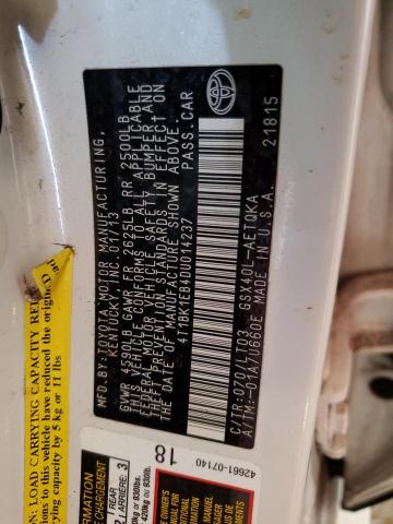 4T1BK1EB4DU014237 - 2013 TOYOTA AVALON BASE 白色 照片 12