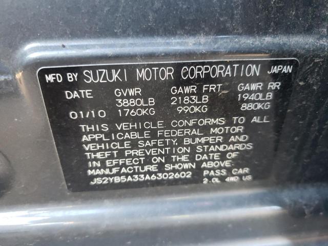 JS2YB5A33A6302602 - 2010 SUZUKI SX4 GRAY photo 12