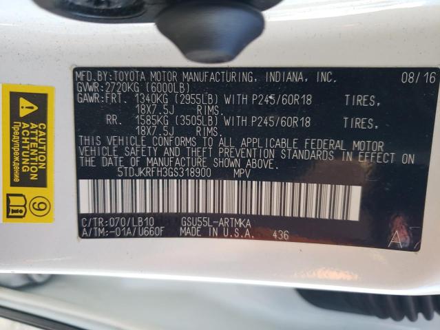 5TDJKRFH3GS318900 - 2016 TOYOTA HIGHLANDER XLE Ağ foto 13