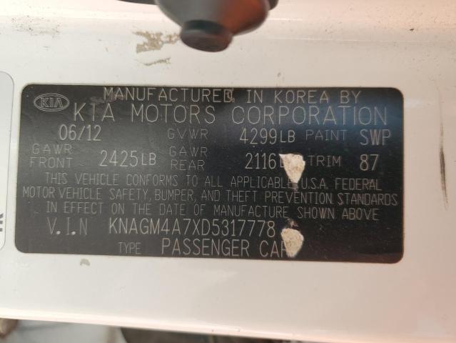 KNAGM4A7XD5317778 - 2013 KIA OPTIMA LX WHITE photo 12