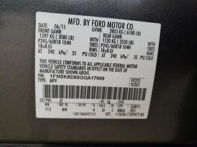 1FM5K8D85GGA17999 - 2016 FORD EXPLORER XLT GRAY photo 14