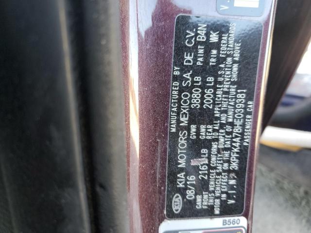 3KPFK4A78HE039381 - 2017 KIA FORTE LX BURGUNDY photo 12