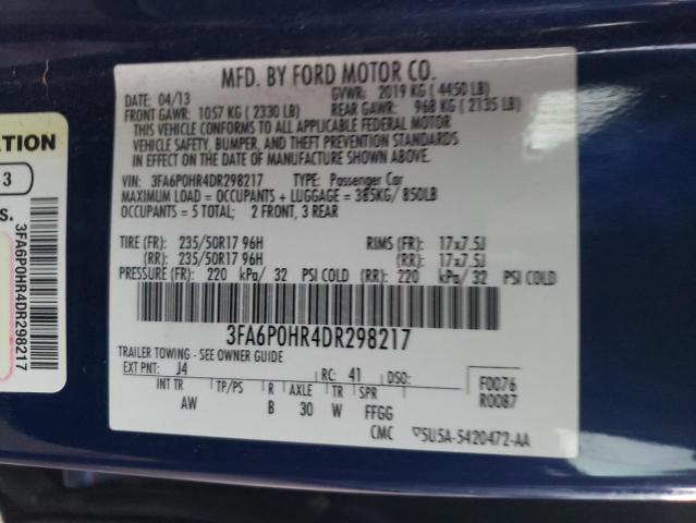 3FA6P0HR4DR298217 - 2013 FORD FUSION SE BLUE photo 12