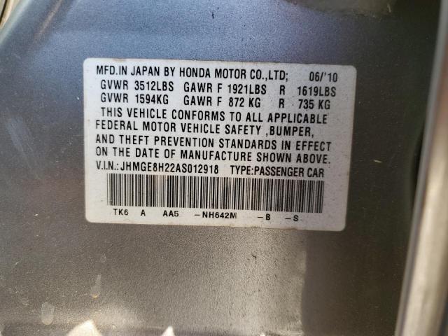 JHMGE8H22AS012918 - 2010 HONDA FIT SILVER photo 12