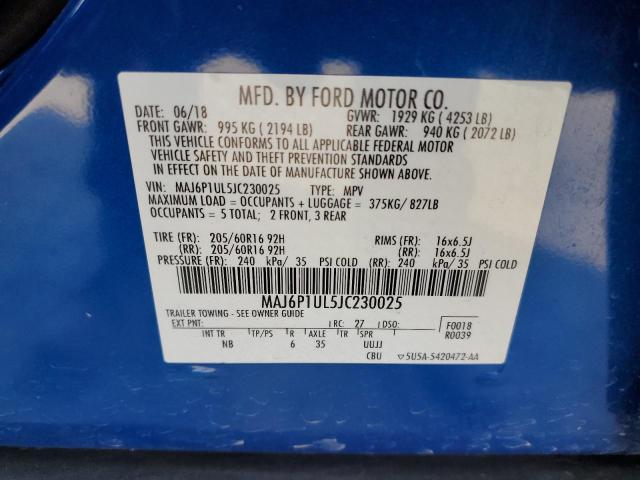 MAJ6P1UL5JC230025 - 2018 FORD ECOSPORT SE BLUE photo 12