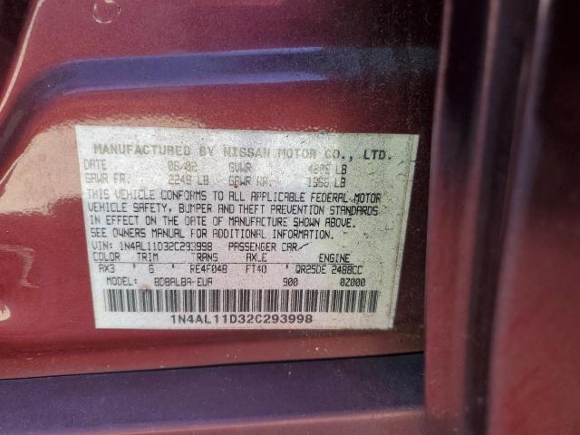 1N4AL11D32C293998 - 2002 NISSAN ALTIMA BASE MAROON photo 12