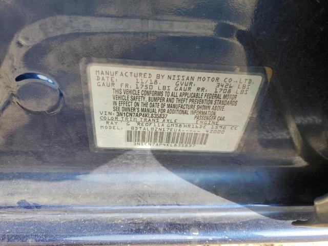 3N1CN7AP4KL835837 - 2019 NISSAN VERSA S BLUE photo 12