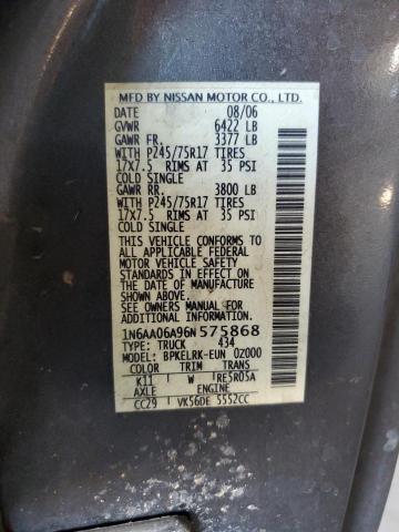 1N6AA06A96N575868 - 2006 NISSAN TITAN XE GRAY photo 12